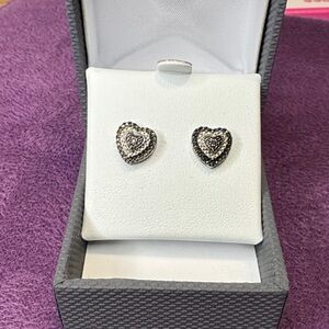 Elegant Silver Heart Earrings with Black and White Diamonds